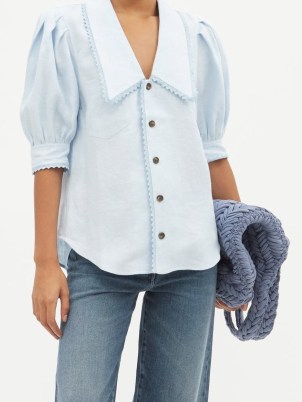 LEE MATHEWS Ali elongated-collar linen blouse in blue – puff sleeve oversized collar blouses – women’s vintage style tops - flipped