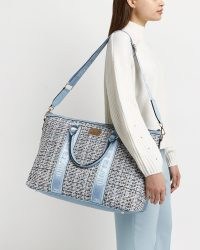 River Island BLUE BOUCLE WEEKEND BAG | womens tweed style fabric holdall bags