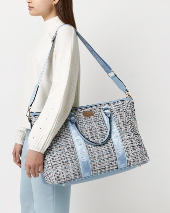 River Island BLUE BOUCLE WEEKEND BAG | womens tweed style fabric holdall bags - flipped