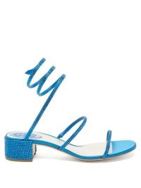 RENE CAOVILLA Cleo blue crystal-embellished satin block-heel sandals – coiled ankle strap sandal covered in crystals