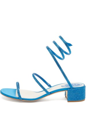 RENE CAOVILLA Cleo blue crystal-embellished satin block-heel sandals – coiled ankle strap sandal covered in crystals - flipped