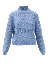 SHRIMPS Cornelia blue bobble-logo merino-blend sweater / womens high neck textured sweaters / women’s drop shoulder jumpers