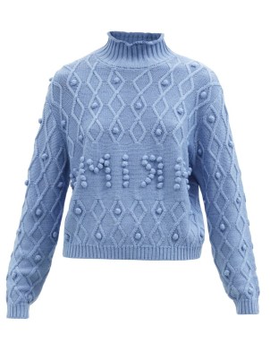 SHRIMPS Cornelia blue bobble-logo merino-blend sweater / womens high neck textured sweaters / women’s drop shoulder jumpers - flipped