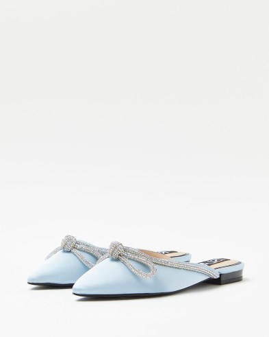RIVER ISLAND BLUE DIAMANTE EMBELLISHED BOW RIVER ISLAND BLUE DIAMANTE EMBELLISHED BOW MULES / luxe look slip on pointed flats - flipped