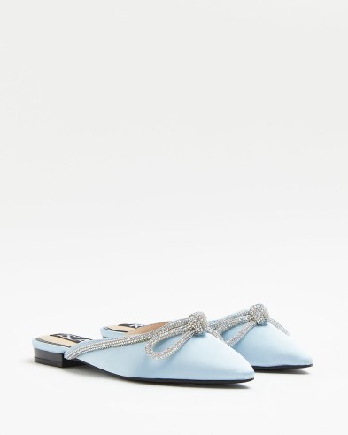 RIVER ISLAND BLUE DIAMANTE EMBELLISHED BOW RIVER ISLAND BLUE DIAMANTE EMBELLISHED BOW MULES / luxe look slip on pointed flats