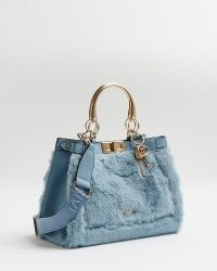 River Island BLUE FAUX FUR TOTE BAG | fluffy textured shoulder bags | top handle handbags