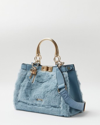 River Island BLUE FAUX FUR TOTE BAG | fluffy textured shoulder bags | top handle handbags - flipped