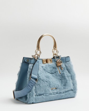 Empower Blind faith weekend River Island BLUE FAUX FUR TOTE BAG | fluffy textured shoulder bags | top  handle handbags