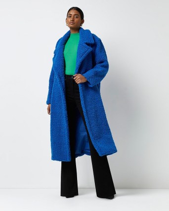 RIVER ISLAND BLUE OVERSIZED DOUBLE BUTTON BORG COAT / women’s textured faux shearling fur winter coats / womens on-trend outerwear - flipped
