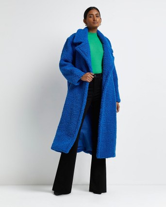 RIVER ISLAND BLUE OVERSIZED DOUBLE BUTTON BORG COAT / women’s textured faux shearling fur winter coats / womens on-trend outerwear