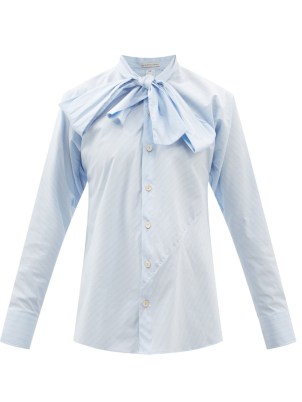 PALMER//HARDING Pussy-bow striped cotton-blend poplin shirt in blue ~ womens chic tie neck shirts - flipped