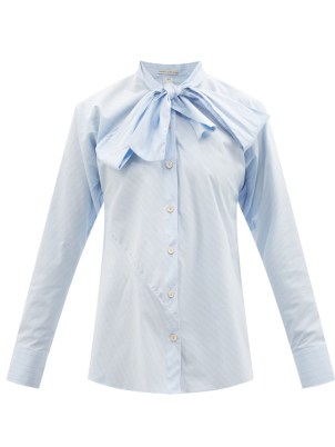 PALMER//HARDING Pussy-bow striped cotton-blend poplin shirt in blue ~ womens chic tie neck shirts
