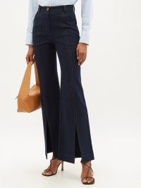 PALMER//HARDING Slit-cuff high-rise flared jeans ~ womens chic blue split hem denim flares ~ women’s casual retro fashion
