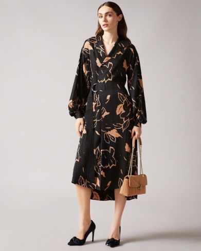 TED BAKER DIAANNA Bolt On Integral Wrap Dress With Belt Detail / floral balloon sleeve midi dresses - flipped