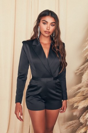 Lavish Alice bonded satin blazer playsuit in black | glamorous jacket style evening playsuits | on-trend party fashion