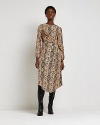 BROWN ANIMAL PRINT DRAPED MIDI DRESS / long sleeve asymmetric dresses / womens on-trend fashion / python prints