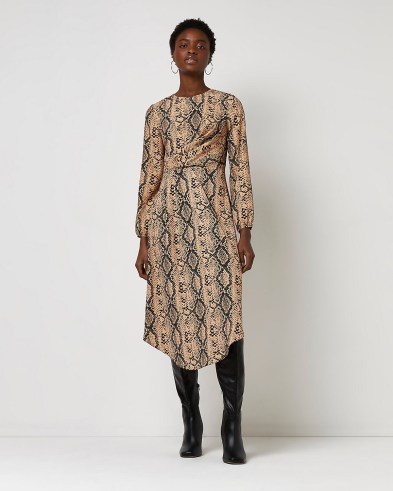 BROWN ANIMAL PRINT DRAPED MIDI DRESS / long sleeve asymmetric dresses / womens on-trend fashion / python prints - flipped