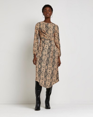 BROWN ANIMAL PRINT DRAPED MIDI DRESS / long sleeve asymmetric dresses / womens on-trend fashion / python prints