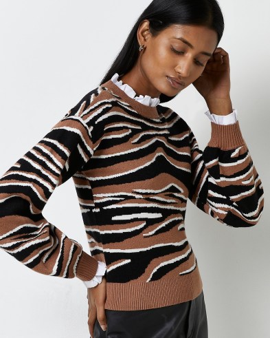 River Island BROWN ANIMAL PRINT PIE CRUST COLLAR JUMPER | women’s fashionable frill neck jumpers - flipped