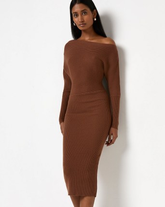 RIVER ISLAND BROWN ASYMMETRIC RIBBED MIDI DRESS ~ off the shoulder dresses - flipped