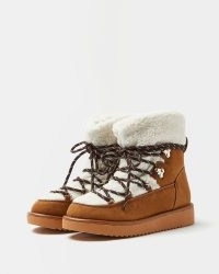 RIVER ISLAND BROWN BORG SNOW BOOTS ~ women’s textured faux shearling booties