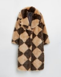 RIVER ISLAND BROWN CHECKBOARD FAUX FUR COAT / womens glamorous retro winter coats / womens checked vintage style outerwear