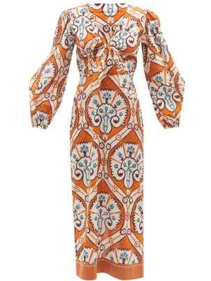 JOHANNA ORTIZ Coucous Joy floral-print organic-cotton midi dress / bold print balloon sleeve front cut out dresses / tie detail