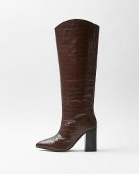 RIVER ISLAND BROWN CROC EMBOSSED KNEE HIGH HEELED BOOTS ~ womens crocodile effect footwear ~ block heel