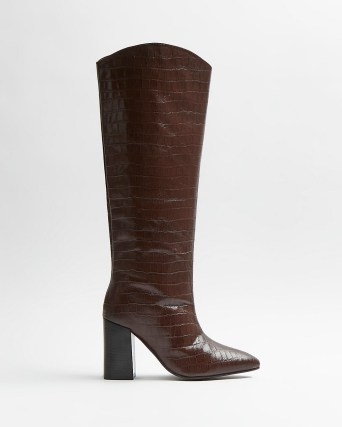 RIVER ISLAND BROWN CROC EMBOSSED KNEE HIGH HEELED BOOTS ~ womens crocodile effect footwear ~ block heel - flipped