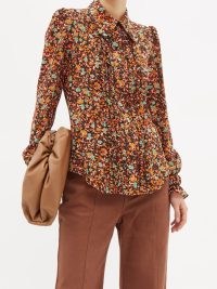 VICTORIA BECKHAM Floral-print ruffled silk blouse in brown / retro front frill placket blouses / womens 70s style vintage fashion