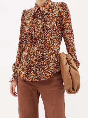 VICTORIA BECKHAM Floral-print ruffled silk blouse in brown / retro front frill placket blouses / womens 70s style vintage fashion - flipped