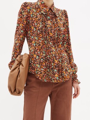 VICTORIA BECKHAM Floral-print ruffled silk blouse in brown / retro front frill placket blouses / womens 70s style vintage fashion