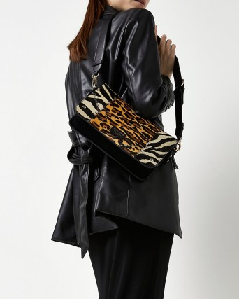 River Island BROWN LEATHER ANIMAL PRINT SHOULDER BAG | glamorus fashion bags | zebra print handbags - flipped