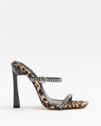 RIVER ISLAND BROWN LEOPARD PRINT DIAMANTE HEELED SANDALS ~ embellished double strap mules ~ glamorous party heels