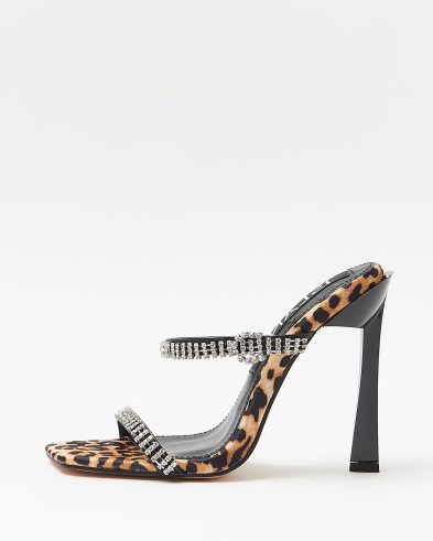 RIVER ISLAND BROWN LEOPARD PRINT DIAMANTE HEELED SANDALS ~ embellished double strap mules ~ glamorous party heels - flipped
