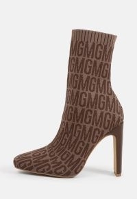 MISSGUIDED brown mg monogram pointed toe ankle boots ~ high heel fashion boots ~ women’s on-trend footwear