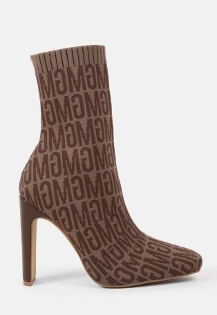 MISSGUIDED brown mg monogram pointed toe ankle boots ~ high heel fashion boots ~ women’s on-trend footwear - flipped