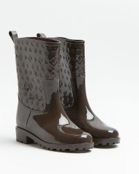 RIVER ISLAND BROWN RI EMBOSSED PATENT WELLIE BOOTS / glossy wellingtons / high shine wellies