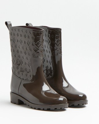 RIVER ISLAND BROWN RI EMBOSSED PATENT WELLIE BOOTS / glossy wellingtons / high shine wellies