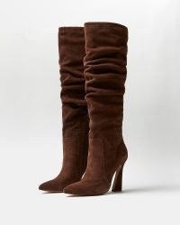 RIVER ISLAND BROWN SUEDE KNEE HIGH BOOTS ~ slouchy style boots ~ slouch effect footwear
