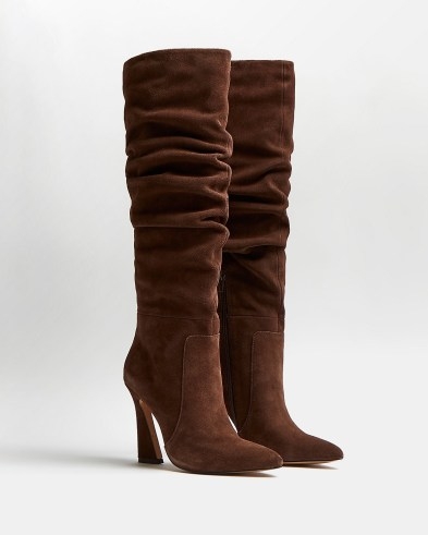 RIVER ISLAND BROWN SUEDE KNEE HIGH BOOTS ~ slouchy style boots ~ slouch effect footwear - flipped