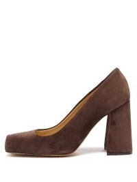 BOTTEGA VENETA Tower square-toe brown suede pumps ~ chunky heeled courts ~ block high heel court shoes