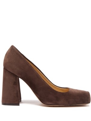 BOTTEGA VENETA Tower square-toe brown suede pumps ~ chunky heeled courts ~ block high heel court shoes - flipped