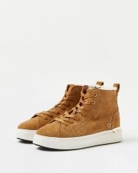 RIVER ISLAND BROWN WIDE FIT SUEDE HIGH TOP TRAINERS ~ women’s faux fur lined hi top sneakers