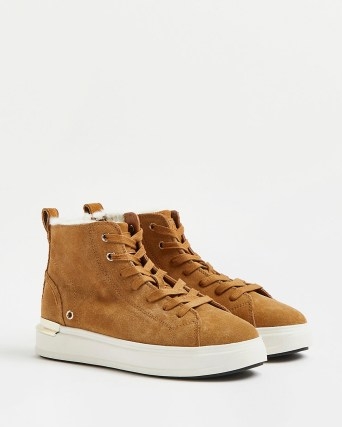 RIVER ISLAND BROWN WIDE FIT SUEDE HIGH TOP TRAINERS ~ women’s faux fur lined hi top sneakers - flipped
