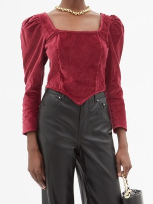 BATSHEVA Square-neck burgundy cotton-velvet top – rich red puff sleeve tops - flipped