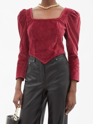 BATSHEVA Square-neck burgundy cotton-velvet top – rich red puff sleeve tops