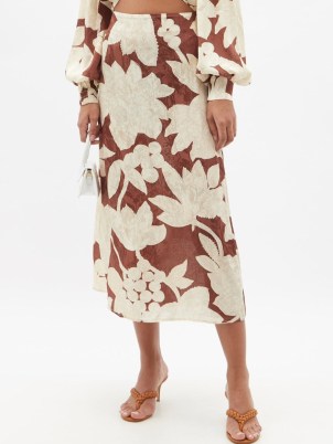 JOHANNA ORTIZ Summer Cigars jacquard crepe midi skirt / burgundy floral skirts made with FSC viscose / womens sustainable designer fashion - flipped