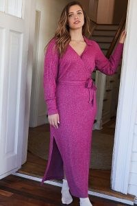 Daily Practice by Anthropologie Belted Knit Maxi Dress in Raspberry ~ dark print wrap style lounge dresses ~ womens loungewear