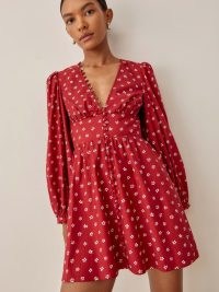 REFORMATION Caitie Dress in Nigella / red floral print fitted bodice mini dresses / womens feminine organic cotton fashion